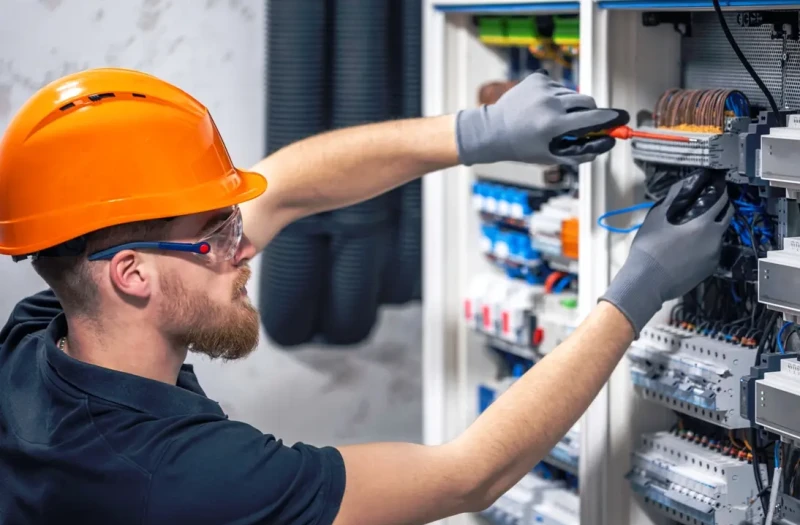 Electrician working on a fuse box