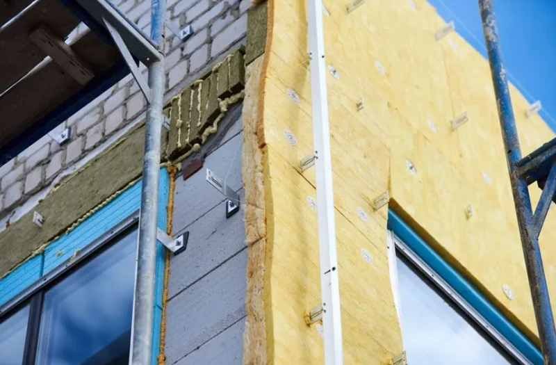 House wall with mineral wool insulation behind scaffolding