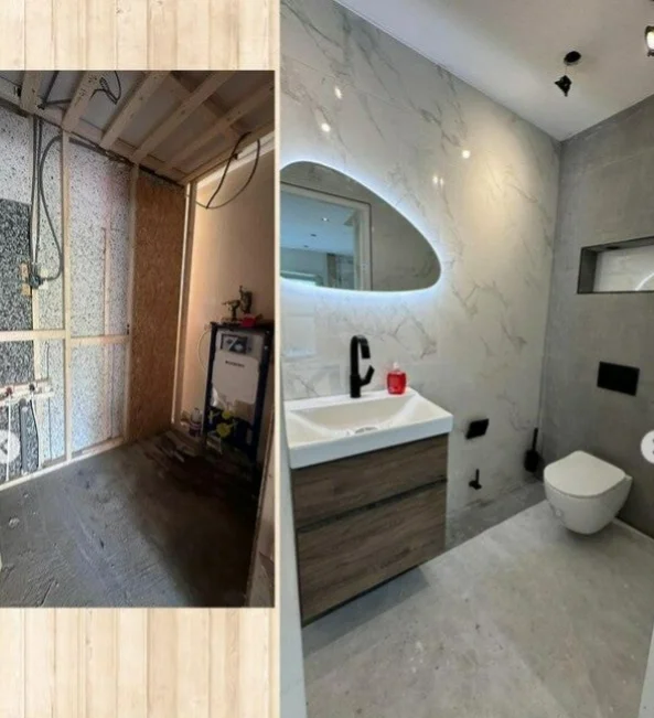 Toilet before and after renovation with concealed cistern and LED mirror