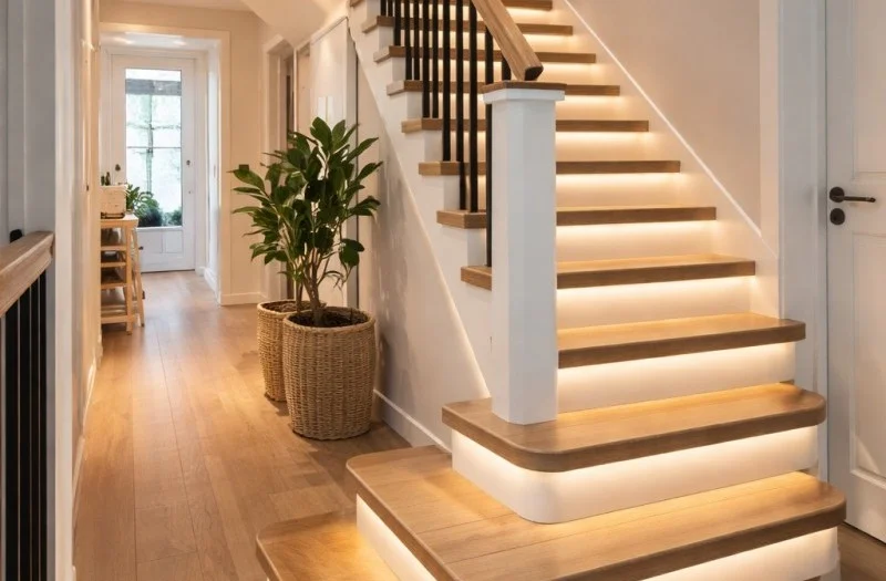 Stair renovation with oak treads and LED lighting in a hallway